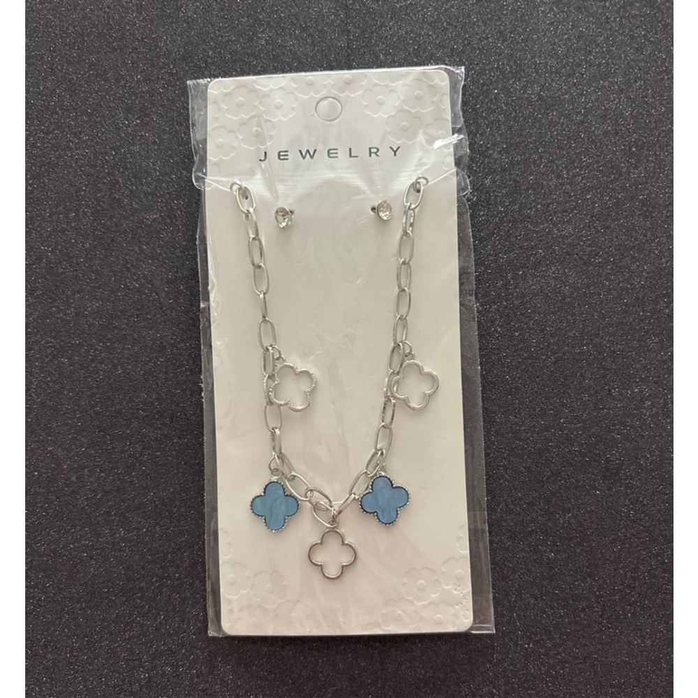 Women's Clover Charm Necklace and pierced stud faux diamond earrings